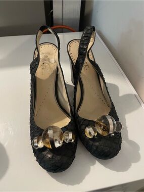 Black Woven Slingback Heels with Clear Orb Accents